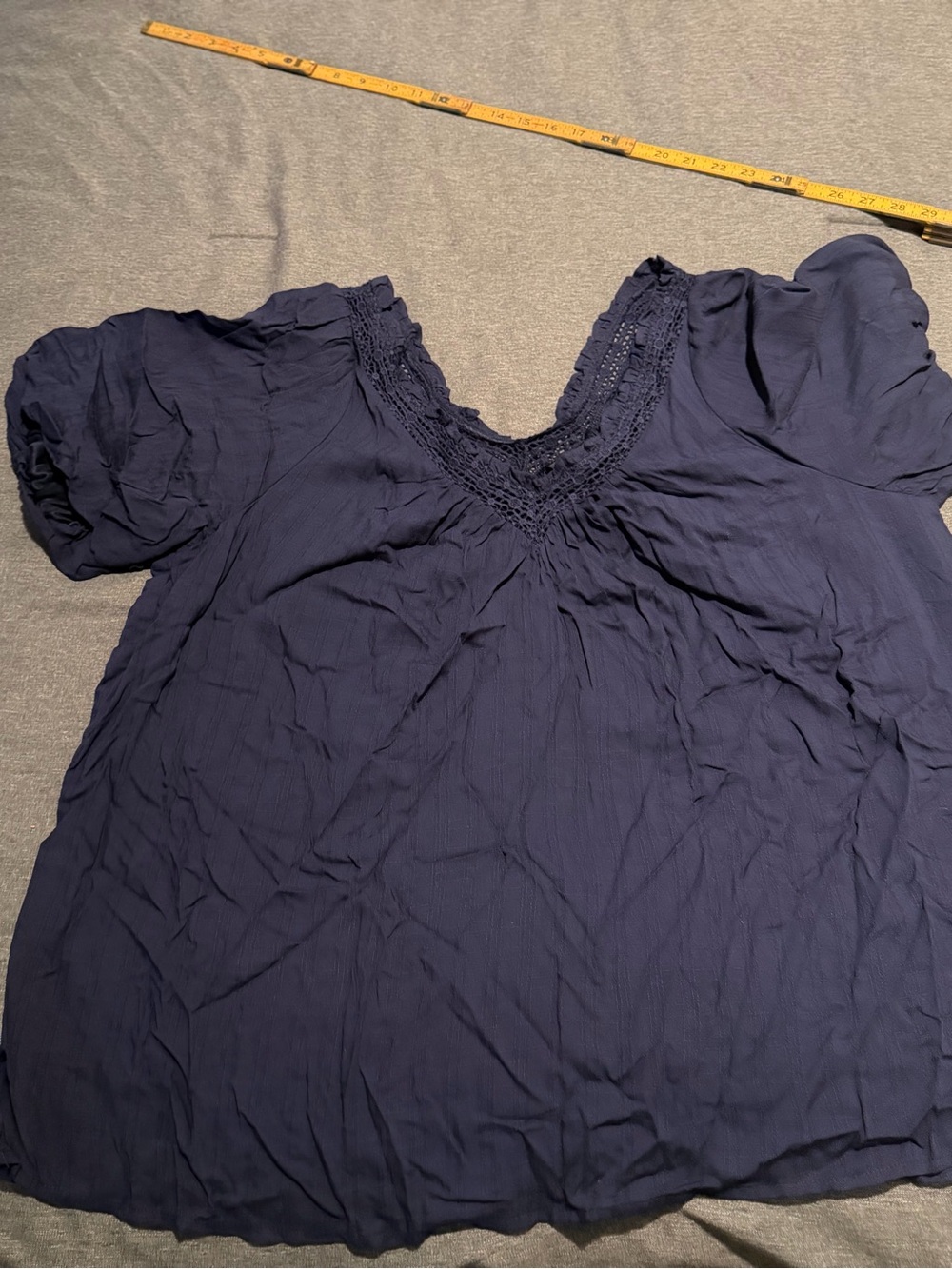 torrid Navy V-Neck Short Sleeve Blouse with Crochet Detail